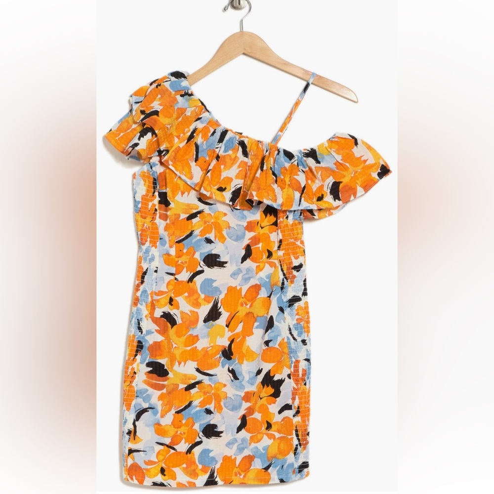 Orange multi color ruffle one shoulder sun dress